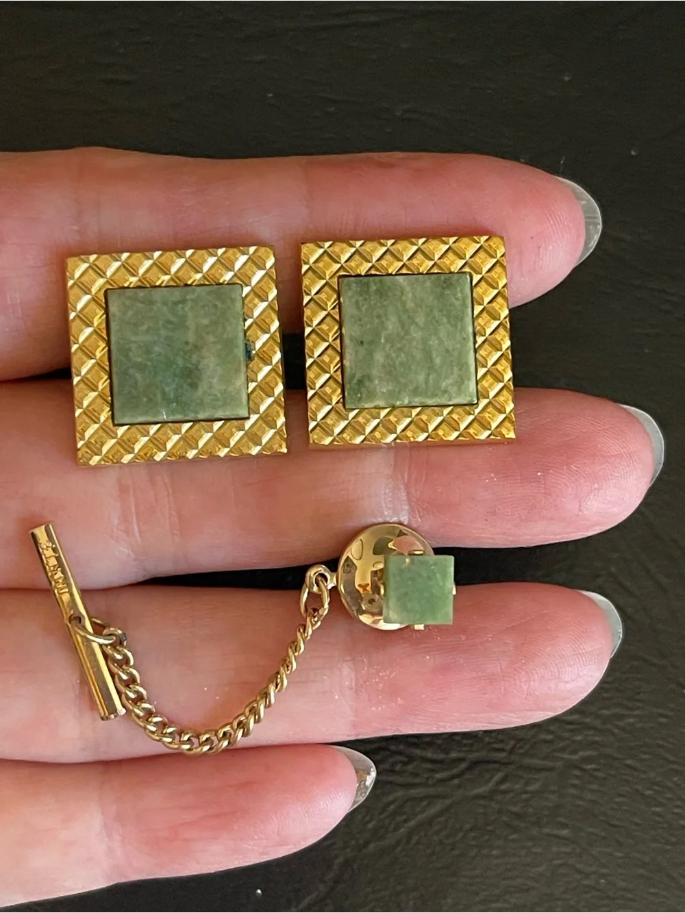 Vintage genuine green jade Stone square cuff links and tie tack.
